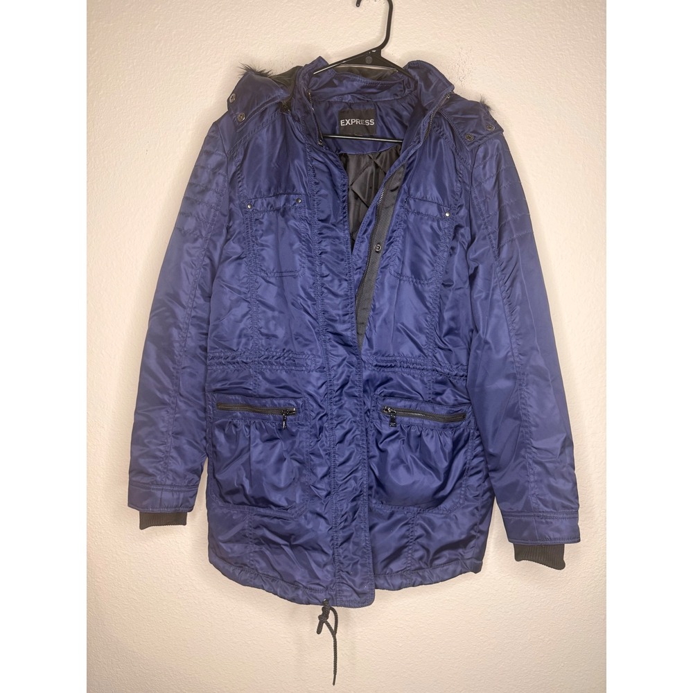 Express Women's Small Navy Blue Hooded Parka Jacket Faux Fur Trim Quilted Coat
